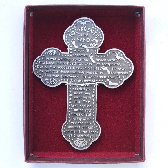 Camco Cross Pewter Footprints in the Sand Boxed Wall Decoration Prayer Christian - Picture 2 of 6